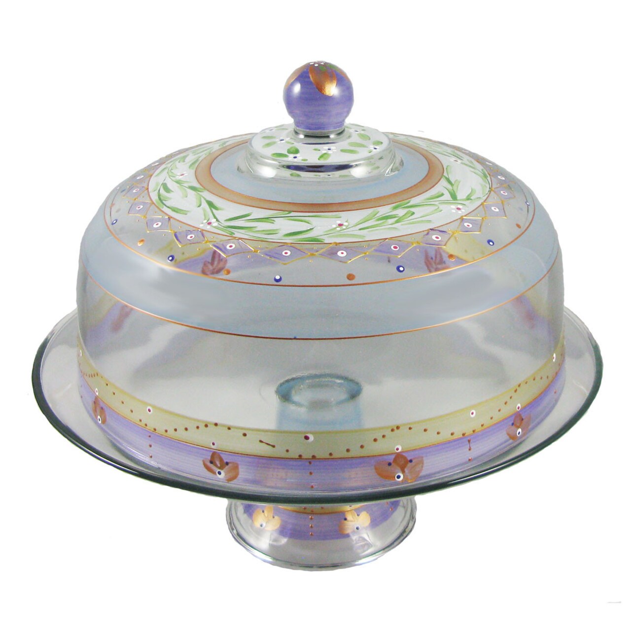 Crafted Creations 11" Purple Mosaic Garland and Stripes Hand Painted Glass Convertible Cake Dome